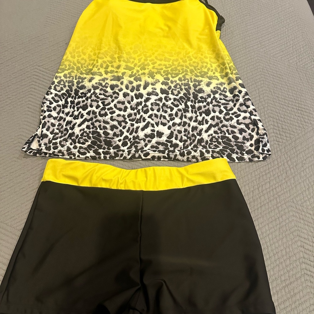 Yellow Ombre Leopard Print Tankini Set with Black Boy Shorts Strappy Back Small
